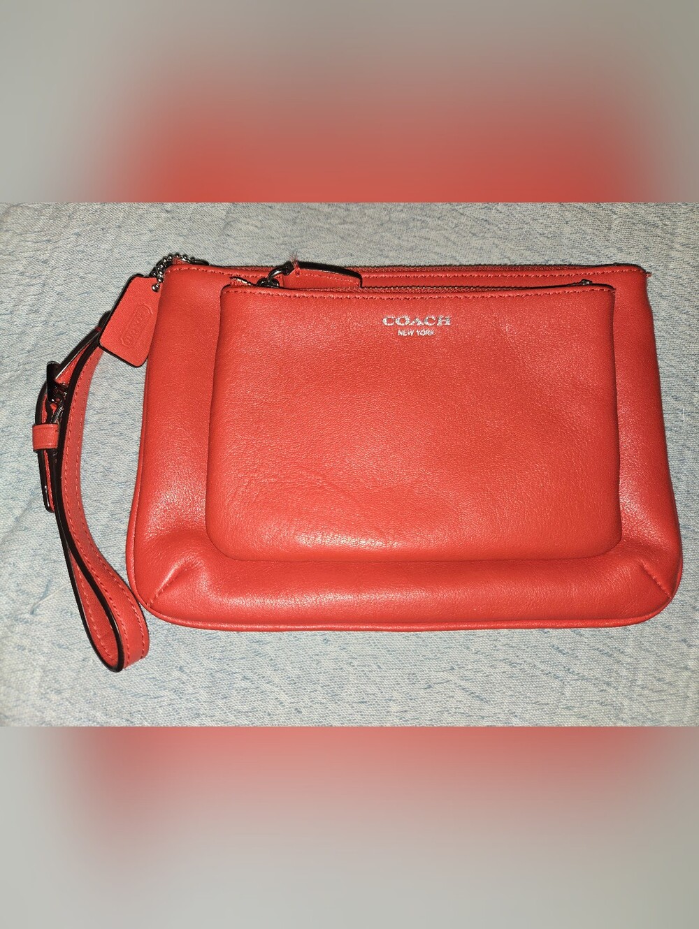 Coach Coral Red Leather Double Zip Wristlet